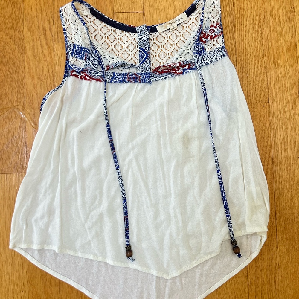 Rewind White and Blue Tie Front Asymmetrical Tank Top